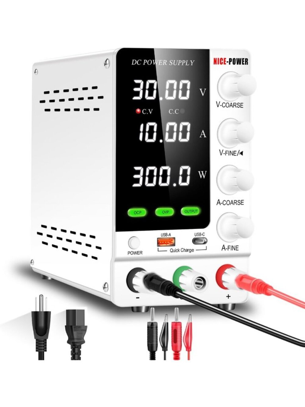 Adjustable 30V 10A DC Bench Power Supply, Regulated Lab PSU with USB Fast Charge